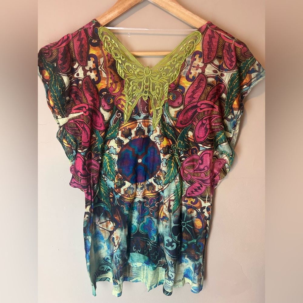 One World Y2K Multi Colored Abstract Butterfly V-Neck Top Size S - Picture 5 of 9